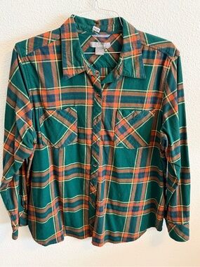 Natural Reflections Green Plaid Button-Down Shirt with Orange Accents